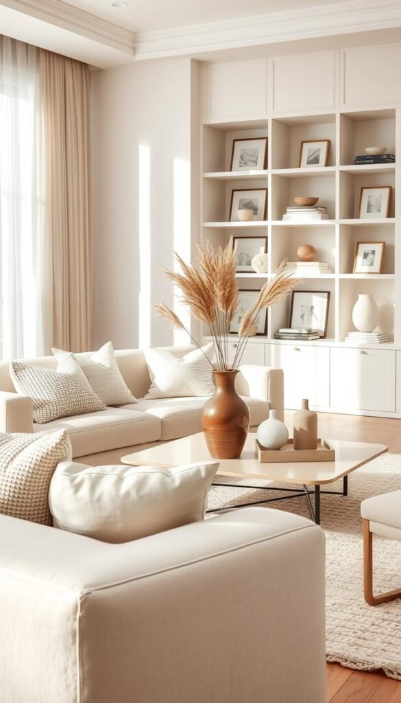 Monochromatic layering with neutral tones and cream decor